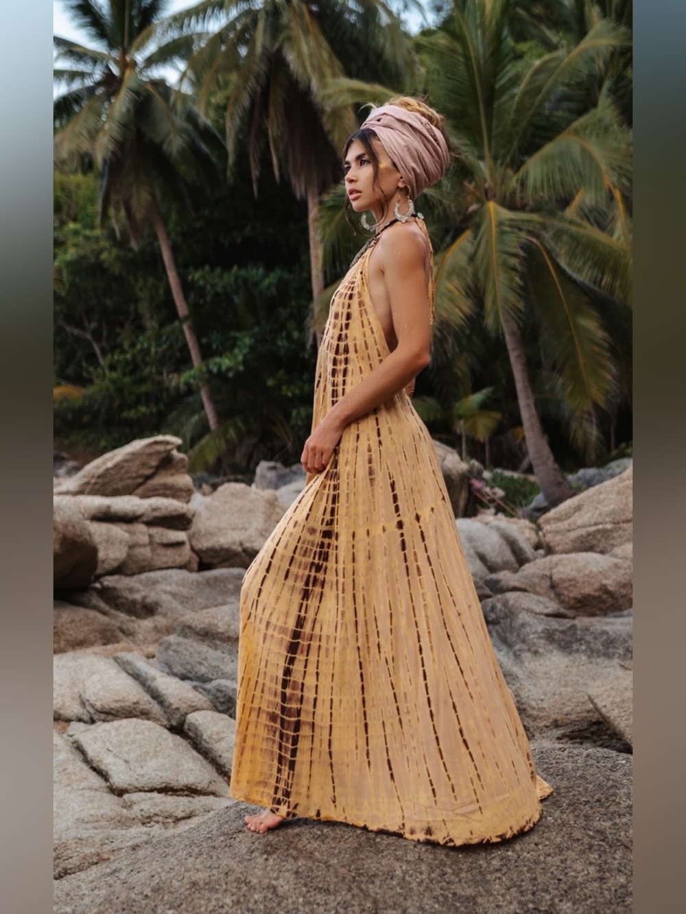 Thaluta 100% Rayon Beige Flamingo Tie Dye Dress